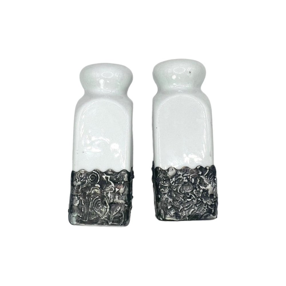 Artisan Ceramic Salt & Pepper Shakers Upcycled with Silver Blend Boho Metalwork - Picture 6 of 11